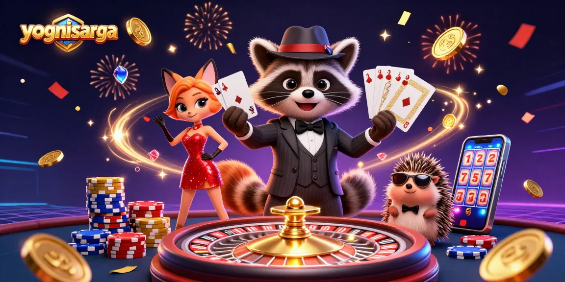 Experience winning thrills with yognisarga's dynamic casino scene featuring cartoon characters and rich gaming elements.