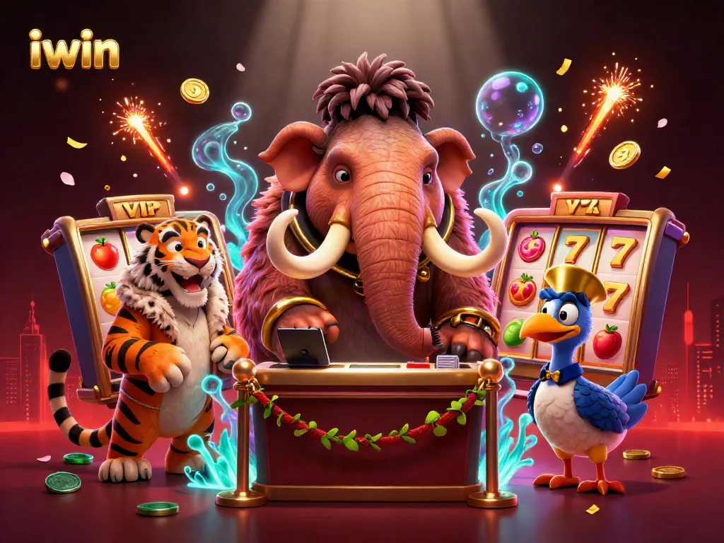 Join the iwin casino experience with vibrant characters and dynamic slot action in this spectacular illustration.