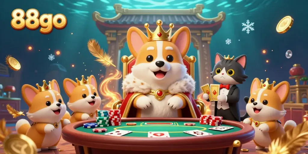 Experience the thrill of 88go with a vibrant, animated scene featuring a royal corgi in a casino setting.