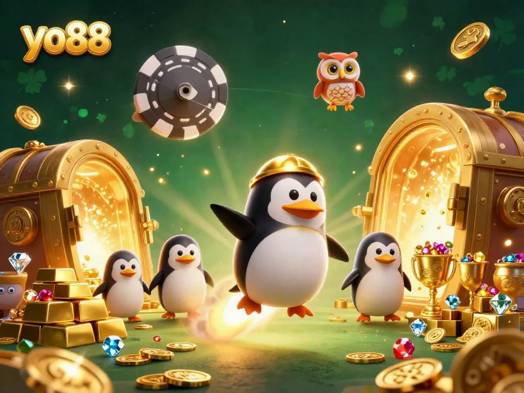 yo88 ignites excitement as a golden penguin navigates a dynamic casino scene filled with treasures.