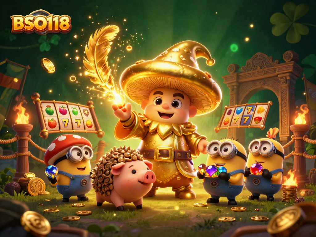 Engage with BSO118's casino adventure featuring a golden mushroom wizard amidst slot machines.