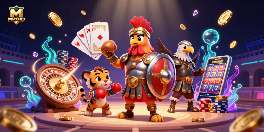 Engage in gaming with MPOID featuring a gladiator rooster and tiger in a vibrant casino scene.