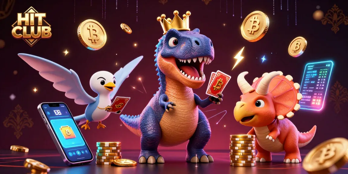 Join the excitement at HIT CLUB with a T-Rex shuffling cards and dinosaurs stacking winnings in a vibrant casino scene.