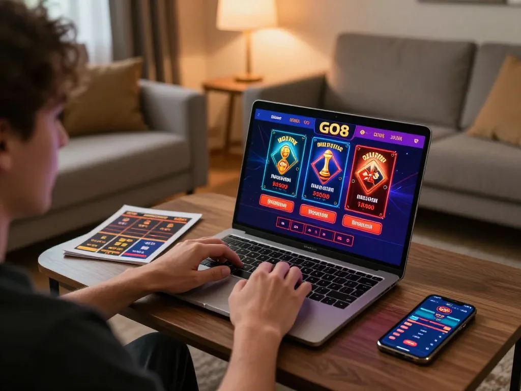 Engaged player navigating the GO8 online casino interface for strategic gambling decisions.