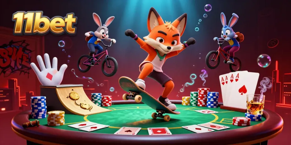 11bet features a skateboarder fox and BMX rabbit surrounded by casino elements, showcasing fun gambling action.
