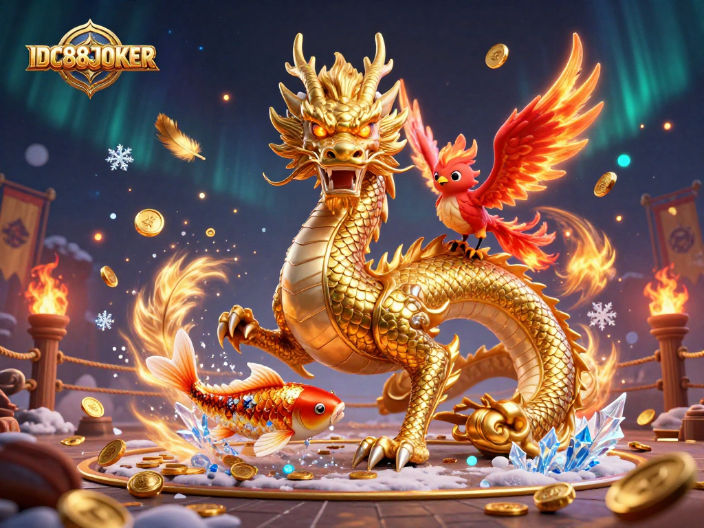 Engage with thrilling gameplay at IDC88JOKER featuring a dragon, phoenix, and koi in a vibrant casino scene.