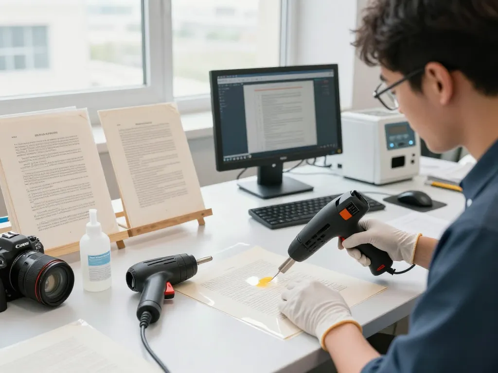 Bóc ép plastic process with skilled technician using advanced technology to restore documents.
