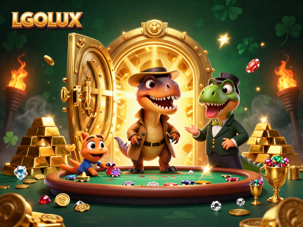 Experience the thrill at LGOLUX as a velociraptor card counter blends into the casino scene.