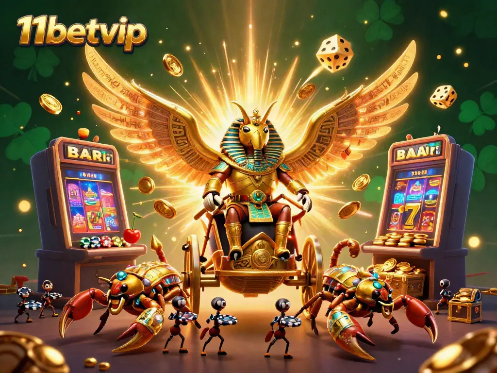Experience the thrilling casino adventures of 11betvip with a golden beetle, chariot, and jackpot.