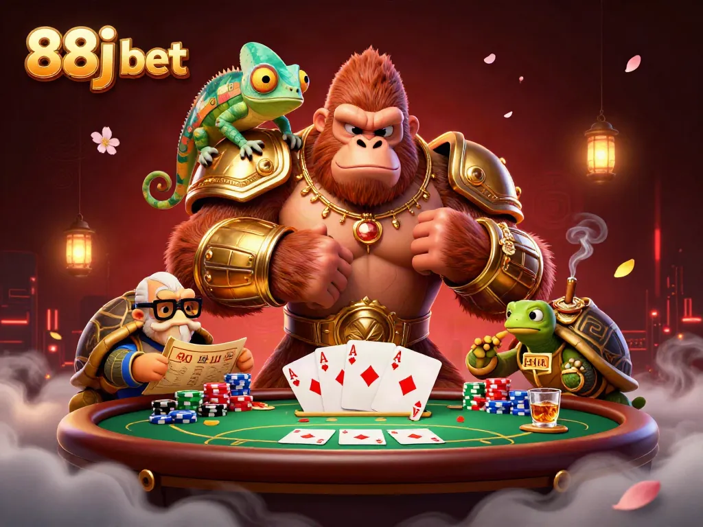 Engage with 88j bet through a powerful casino-themed illustration featuring a gorilla king and more.