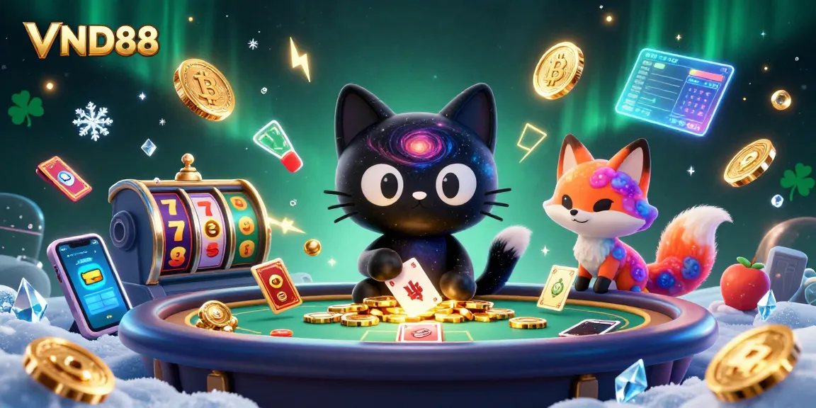 Engage with VND88's cosmic casino fun featuring a black hole cat and a nebula fox in a vibrant scene.