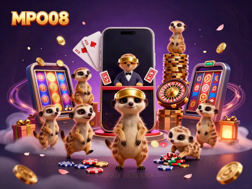 MPO08 offers a vibrant meerkat casino scene featuring playful elements of gaming and excitement.