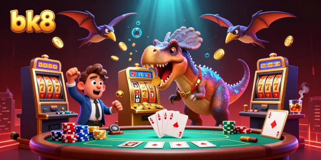 Experience the thrill of bk8 as a pachycephalosaurus triggers a golden slot machine jackpot amidst a vibrant casino scene.