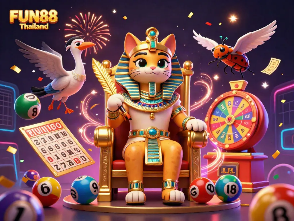 Engage with FUN88 Thailand's vibrant 3D illustration featuring a pharaoh cat and a scribe in a casino atmosphere.