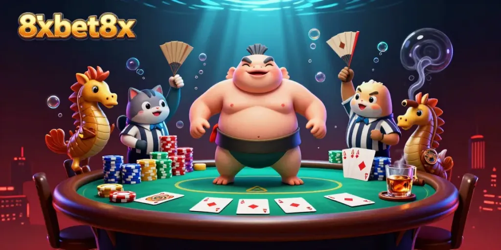 Win big at 8xbet8x with this vibrant underwater casino scene showcasing a fugu and a catfish referee.