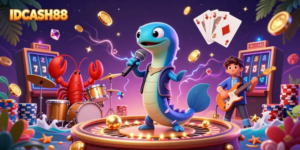 Experience the thrilling underwater casino stage of IDCASH88 with vibrant characters and dazzling game elements.