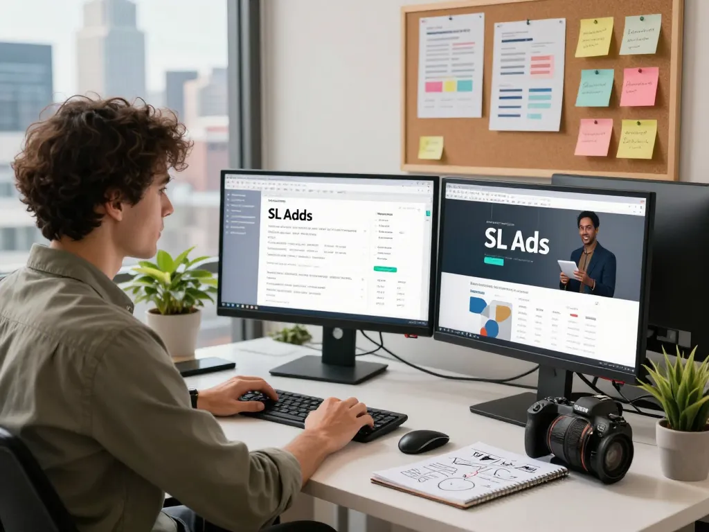 Digital marketer analyzing SL Add campaign performance in a modern office.