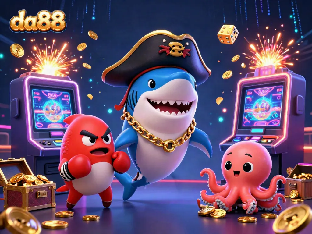 Join the excitement at da88 with a cartoon shark, pufferfish, and octopus celebrating around a jackpot!