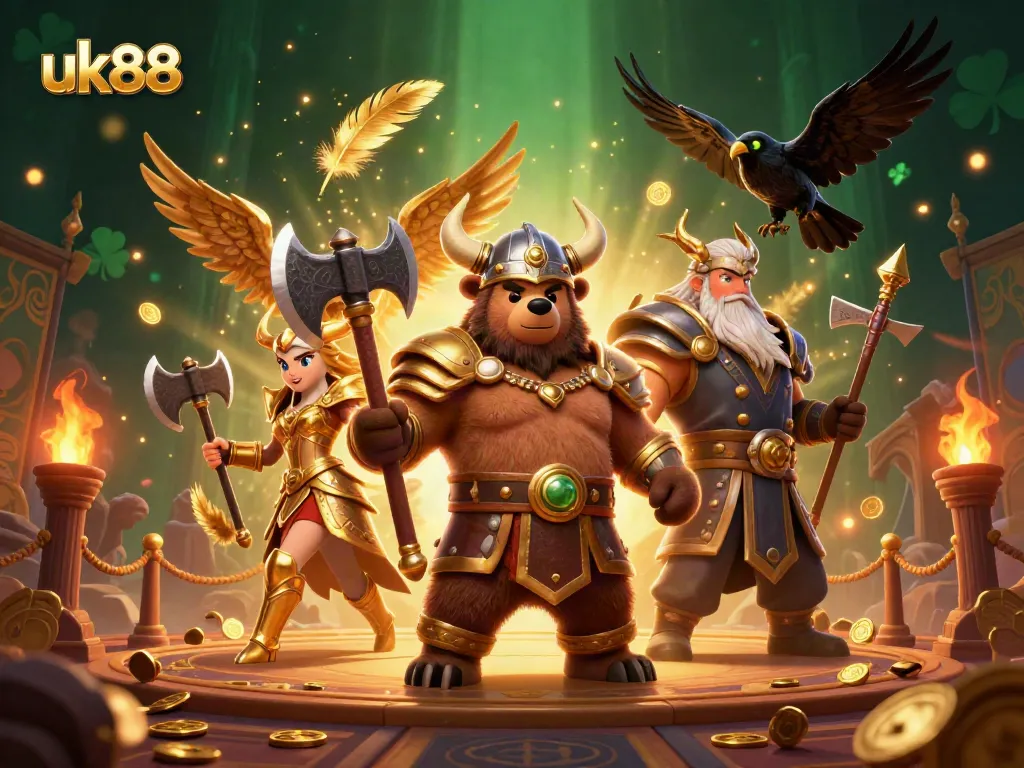 Experience exhilarating wins at uk88, featuring Viking characters battling amidst golden coins in a dynamic casino scene.