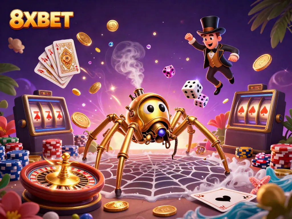Engage with 8XBET's lively steampunk-themed gambling scene featuring golden spider and dice.