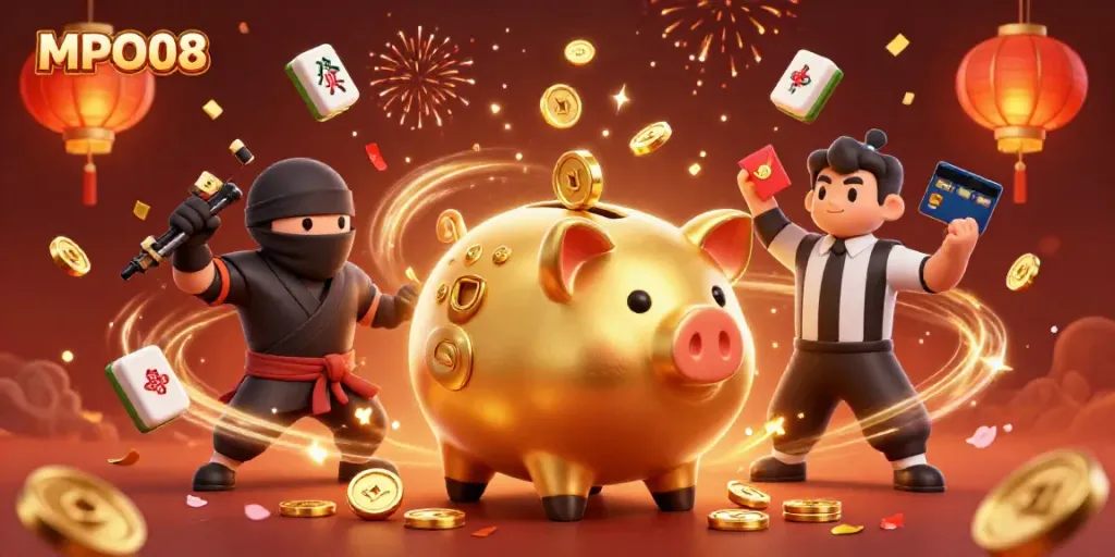 MPO08 features a golden piggy bank sumo wrestler surrounded by festive casino themed elements in a vibrant scene.