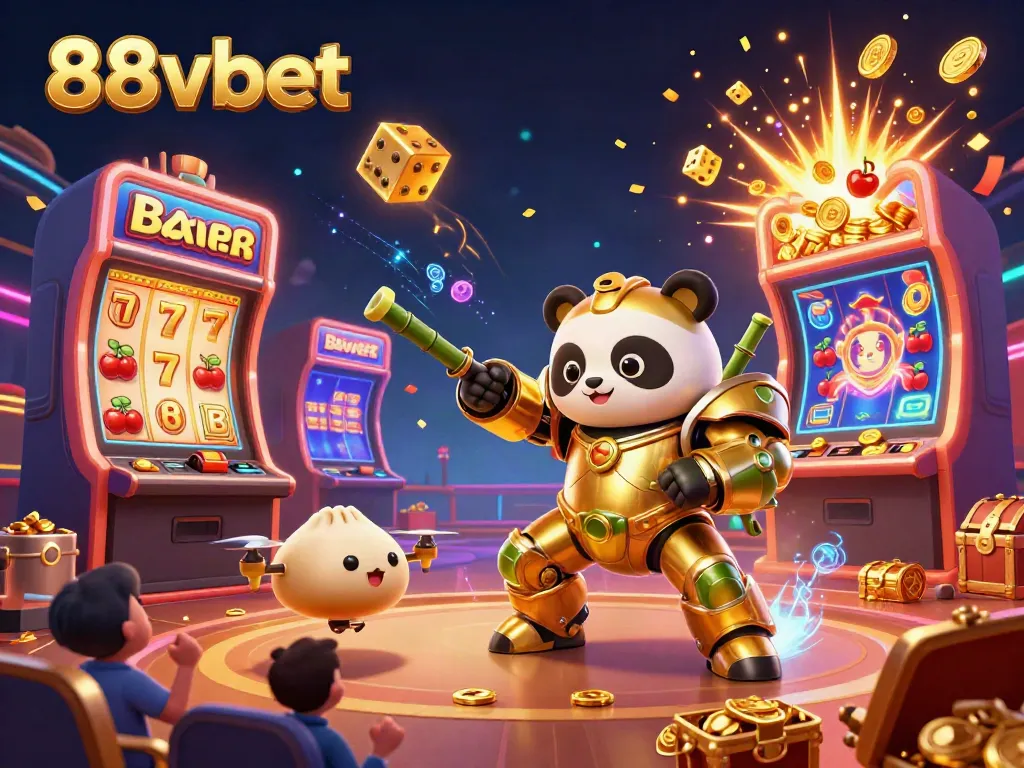 Engage with the energetic 88vbet casino scene featuring a mech-suit panda amidst a lively jackpot explosion.
