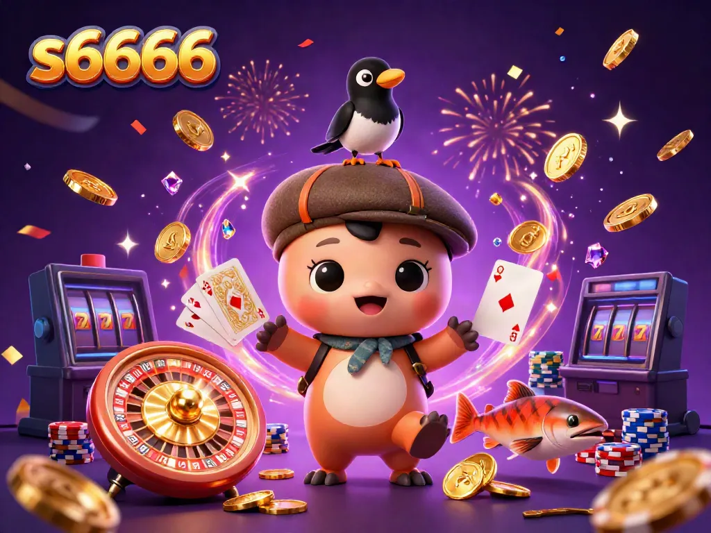 Experience gaming excitement with the vibrant s6666 scene featuring characters amidst gold coins and colorful slots.