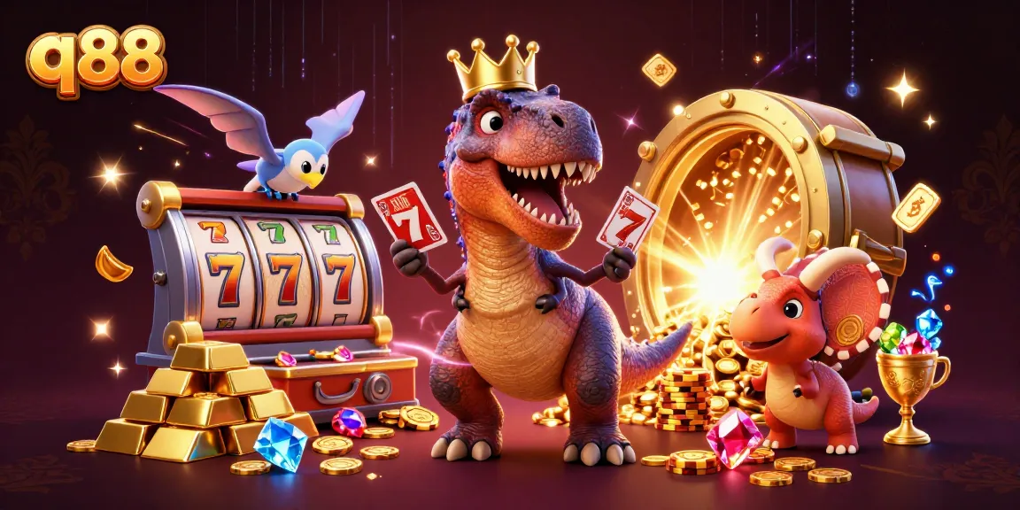 Experience thrilling slots at q88 with vibrant T-Rex, pterodactyl, and triceratops characters celebrating wins.
