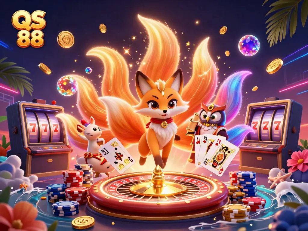 Experience the magic of QS 88 with colorful characters and dynamic casino elements in a vibrant scene.