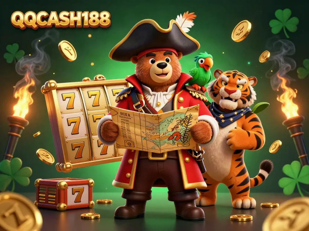 Experience thrilling slots with QQCASH188 featuring a pirate bear, tiger, and vibrant game elements.