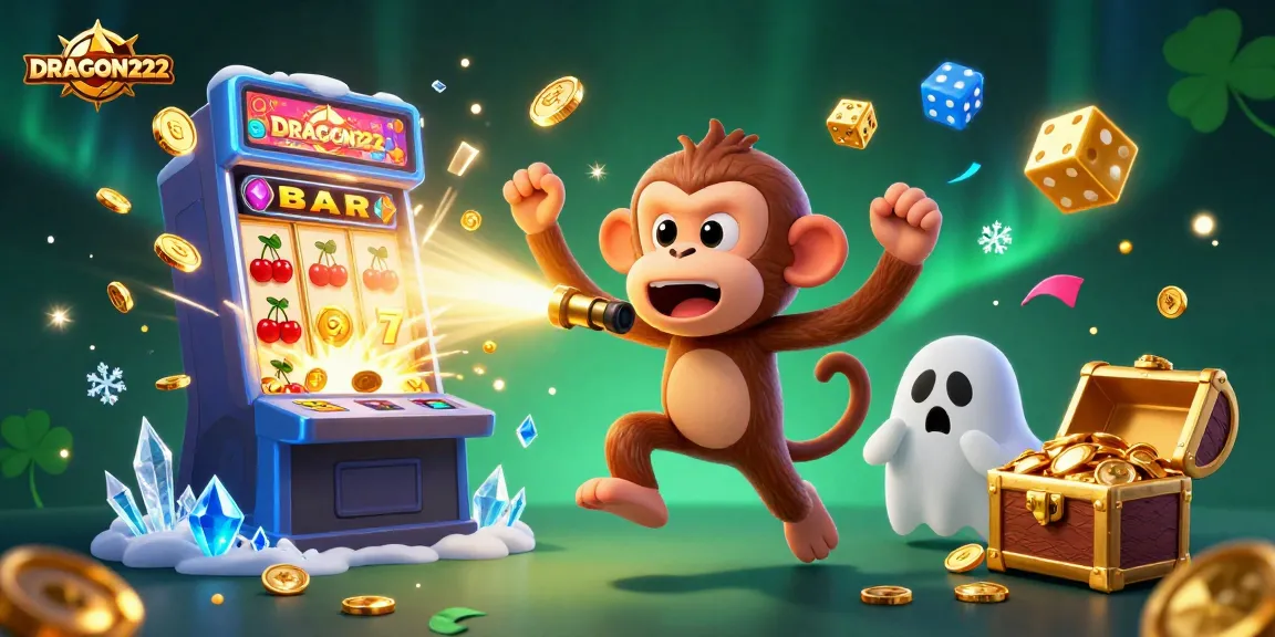 Engage with DRAGON222's dynamic gaming scene featuring a playful monkey and curious puppy in an enchanting casino.