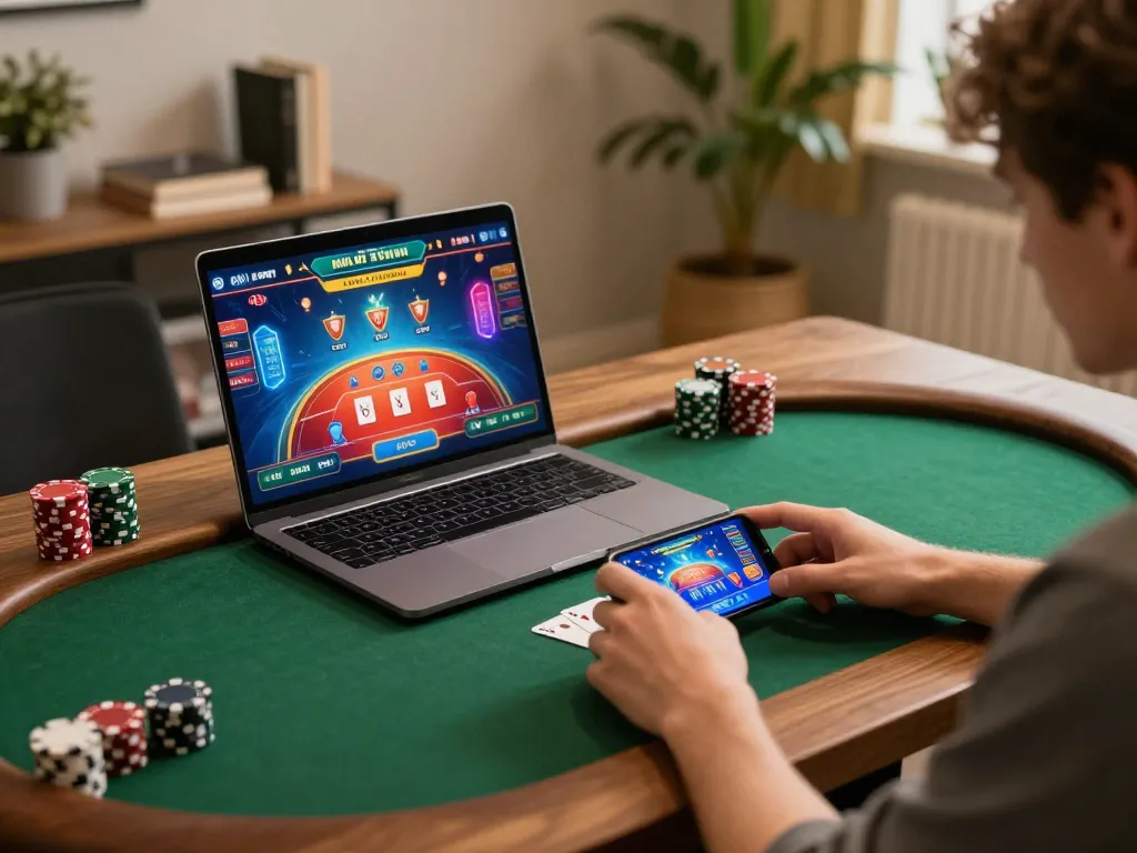 Engaging in online poker gameplay on 789wincom with a laptop, showcasing vibrant graphics and a cozy atmosphere.
