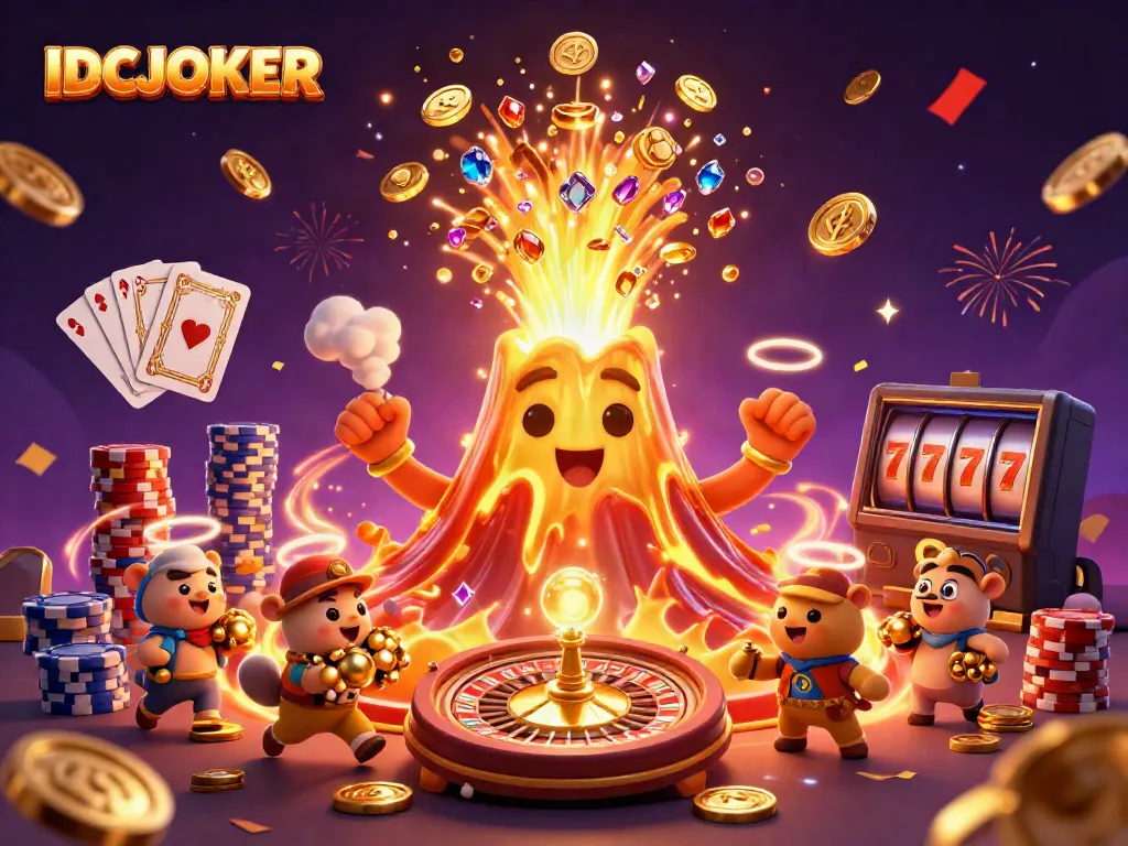 IDCJOKER's dynamic casino scene showcases a triumphant golden volcano, sparkling coins, and playful animals.