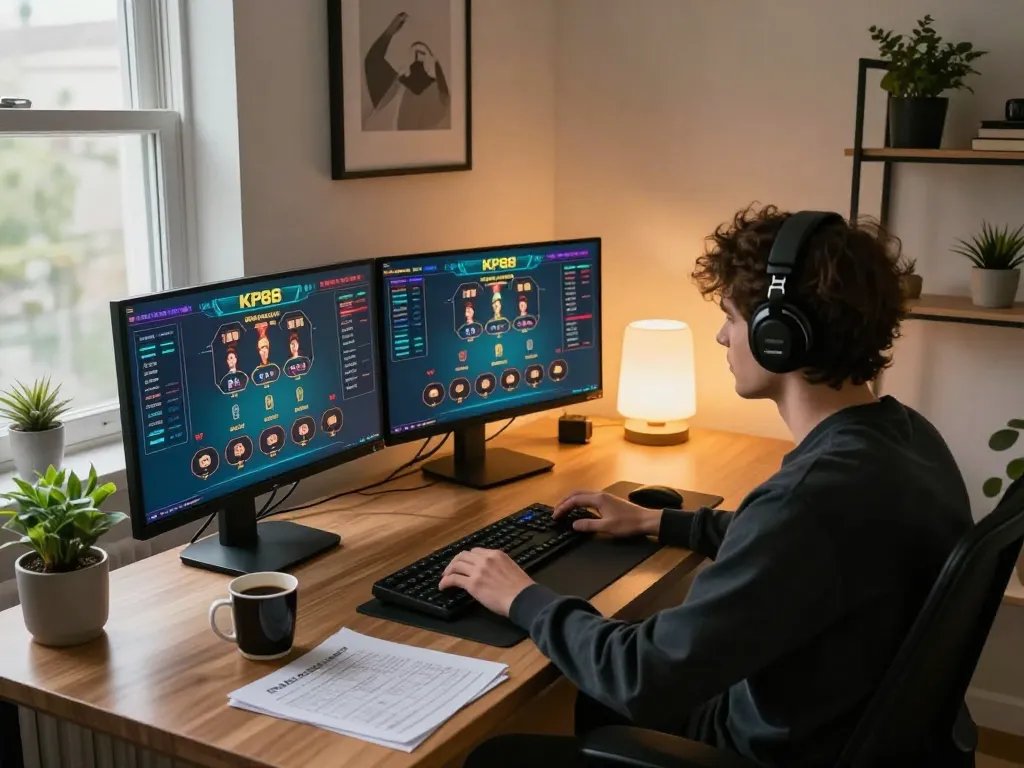 Engaging player betting on KP88 online casino from a stylish home office setup.