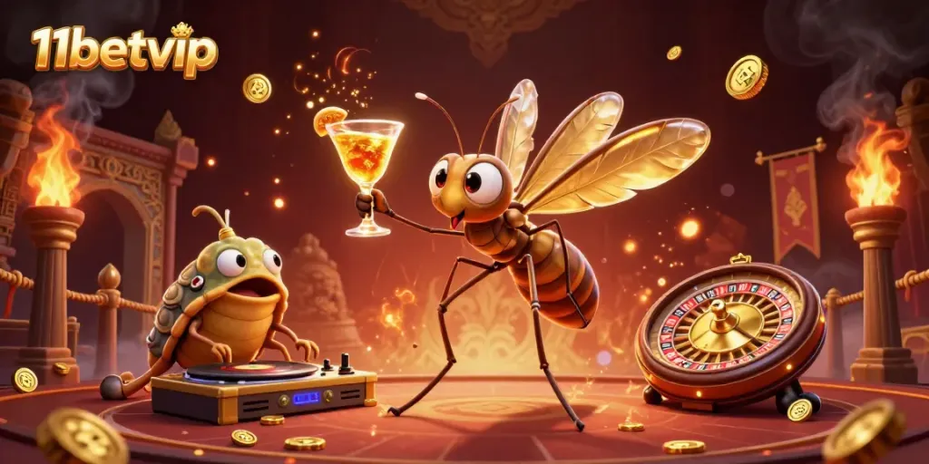 Experience thrilling gameplay at 11betvip with a dynamic casino scene featuring unique characters.