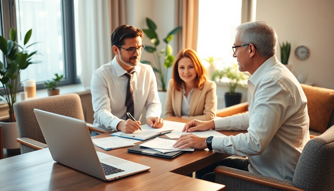 Engaging estate planning consultation with professionals assisting clients in a serene office.