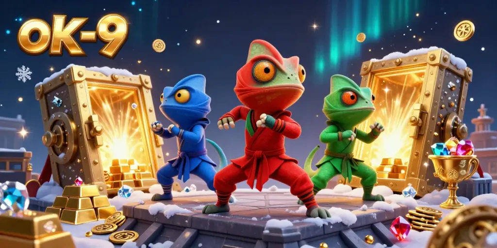 An engaging action scene with ok-9 ninja chameleons exploring piles of treasure, showcasing the thrill of casino gaming.