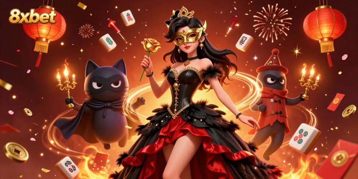 Engage in thrilling gameplay at 8xbet with this vibrant casino illustration featuring dynamic characters and festive elements.