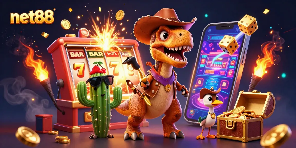 Engage in exciting wins at net88 with a vibrant scene featuring cartoon characters in a bustling casino.