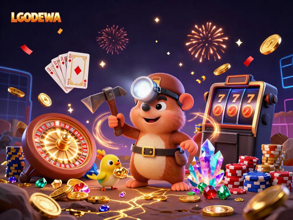 Experience the thrill of LGODEWA with vibrant casino visuals, featuring treasure hunter mole and golden gems.