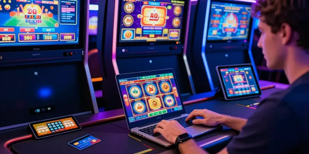 Player enjoying online slots at casinos that accept credit card, surrounded by vibrant gaming visuals.