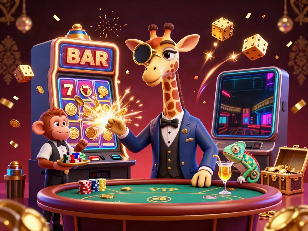 Experience the thrill of gambling with link vào tk88 through a colorful illustration of a giraffe high-roller and vibrant casino elements.