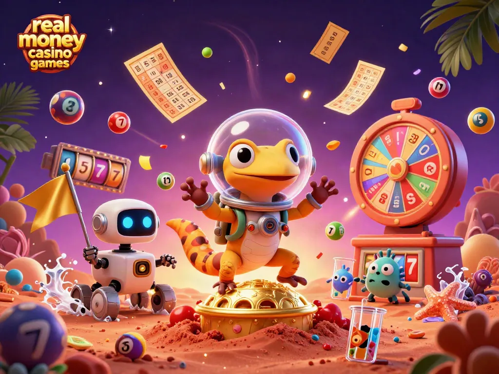 Experience real money casino games in a vibrant Martian casino scene with dynamic elements.