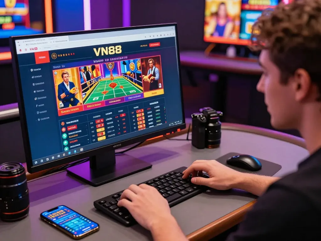 Engaged player on VN88 online betting platform, showcasing vibrant interface and user-friendly design.