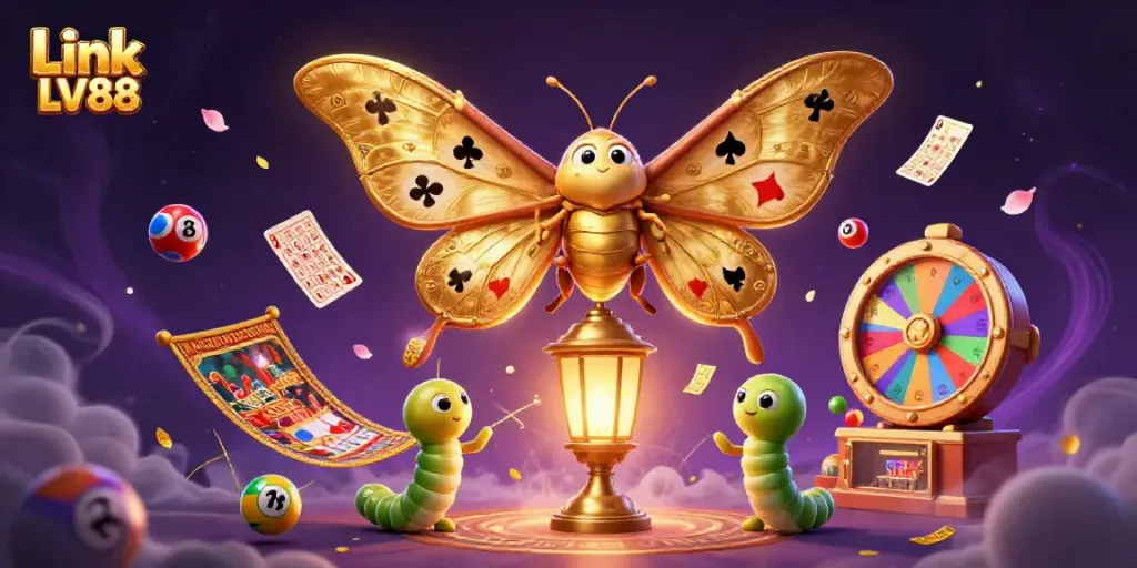 Experience the excitement of gambling with Link LV88, featuring a majestic moth and dynamic casino elements.