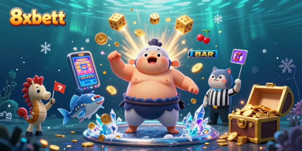 Experience thrilling wins at 8xbett with vibrant jackpot slots overflowing in a lively underwater scene.
