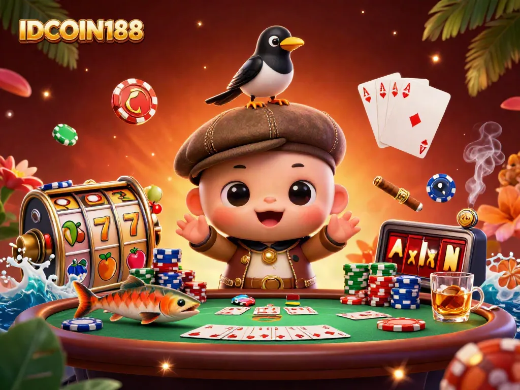 IDCOIN188's vibrant gaming scene bringing slot excitement to life with playful characters and lavish casino elements.