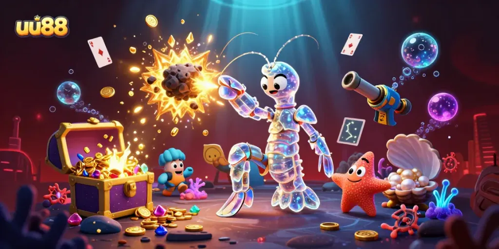 uu88 showcases thrilling underwater casino adventures with a vibrant 3D illustration.