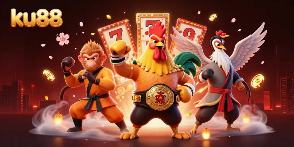Enjoy the thrill of ku88 with a vibrant casino scene featuring dynamic characters, slot reels, and lucky symbols.