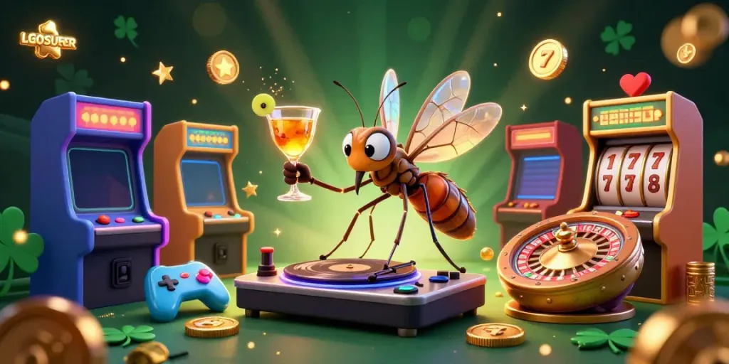 Experience LGOSUPER's engaging casino atmosphere with a 3D frozen mosquito mascot and gambling elements.
